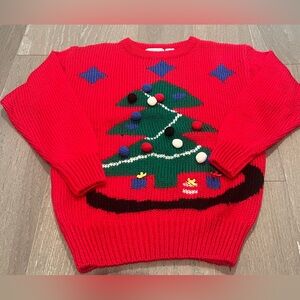 Vintage Christmas Tree Sweater - Bow Details - Size M - Red